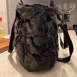 Black puff nylon and leather tote Special Edition Rose Tote bag.